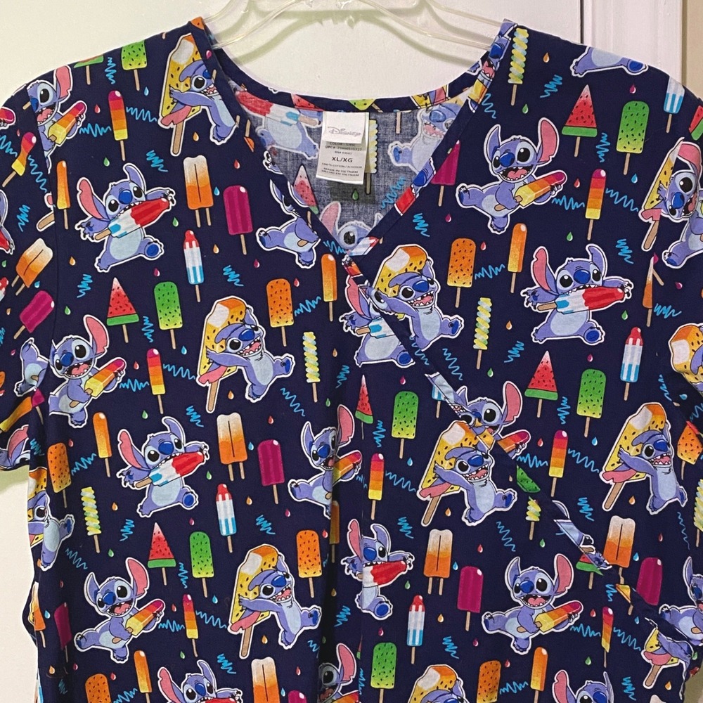 Disney Lilo and STITCH Mock Wrap V-neck Scrub Top Womens XL Navy Blue Summer